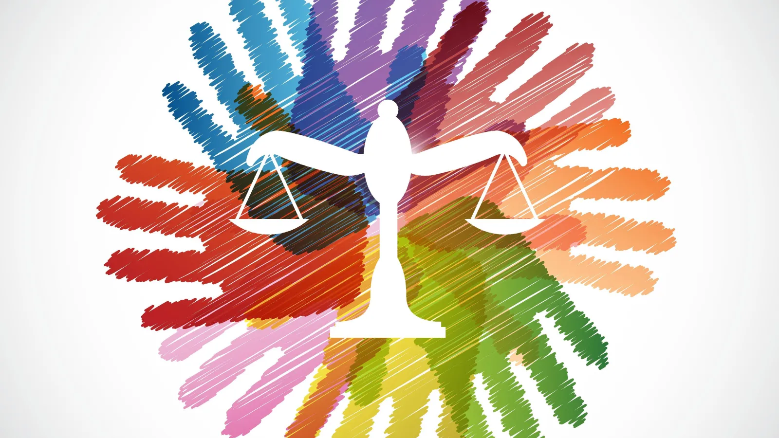 Scales of Justice set against a rainbow of handprints