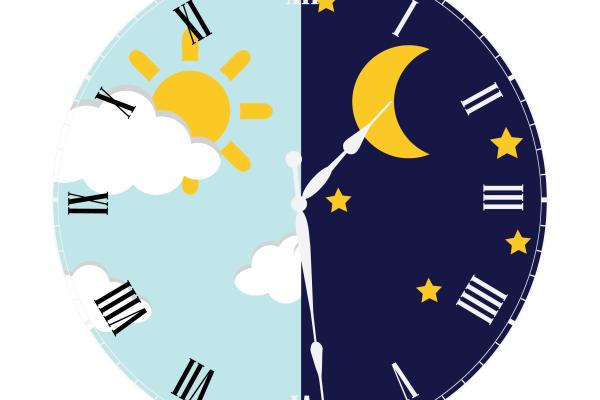 Illustration of a clock - half daytime with sun and clouds, half nighttime with moon