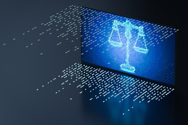 Digital numbers forming an image of Scales of Justice on a screen