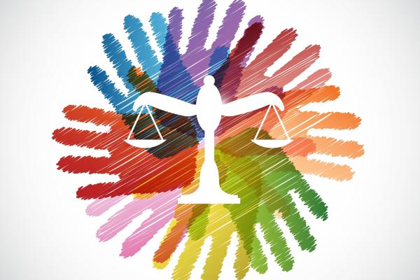 Scales of Justice set against a rainbow of handprints