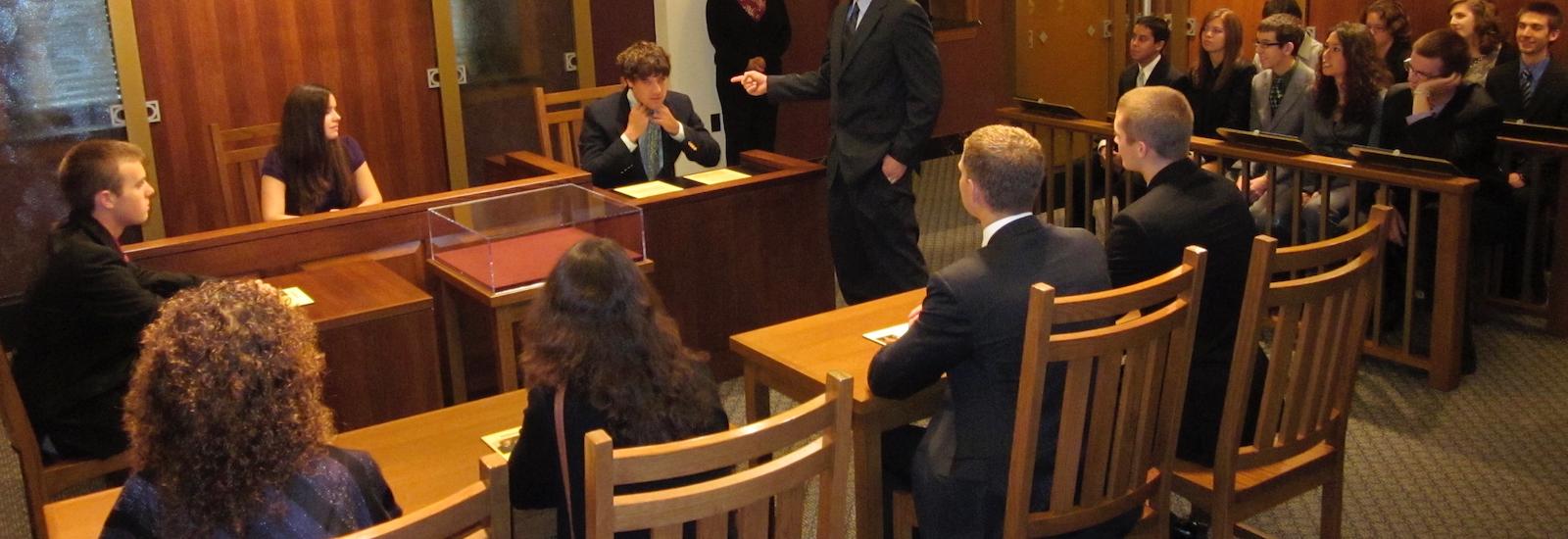 Students in mock courtroom setting